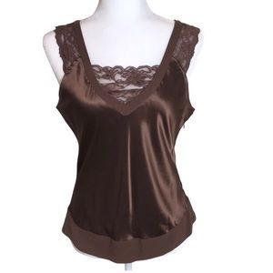 West Palm Y2K Brown Satiny Silk and Lace Camisole Top Sz M